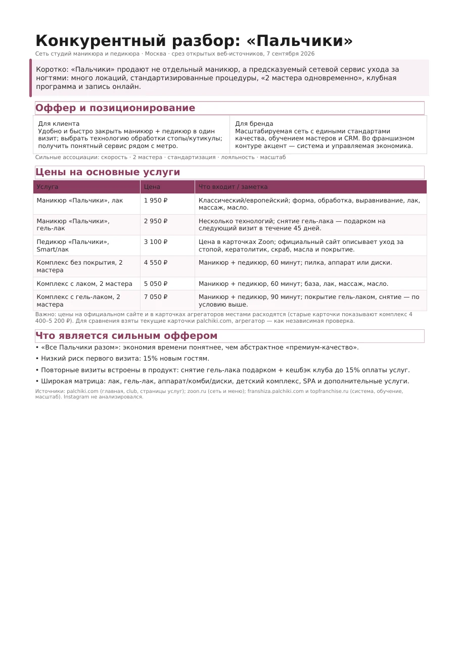 Первая страница отчёта «Конкурентный разбор: Пальчики»: оффер и позиционирование, таблица цен на услуги, сильные стороны оффера