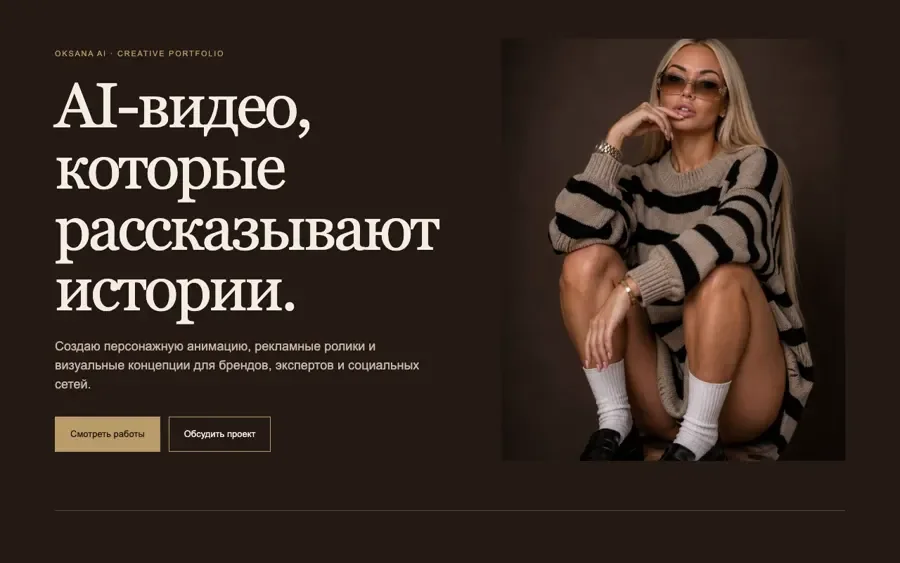 Первый экран портфолио Oksana AI: заголовок «AI-видео, которые рассказывают истории», кнопки и фото автора на тёмном фоне