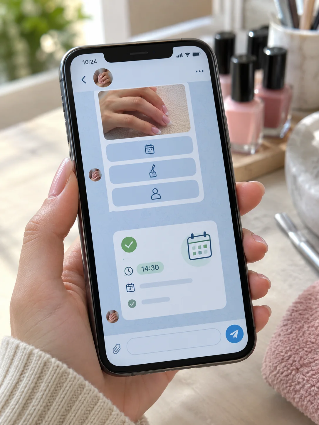 Экран телефона с Telegram-ботом записи: кнопки выбора услуги и подтверждённая запись с временем