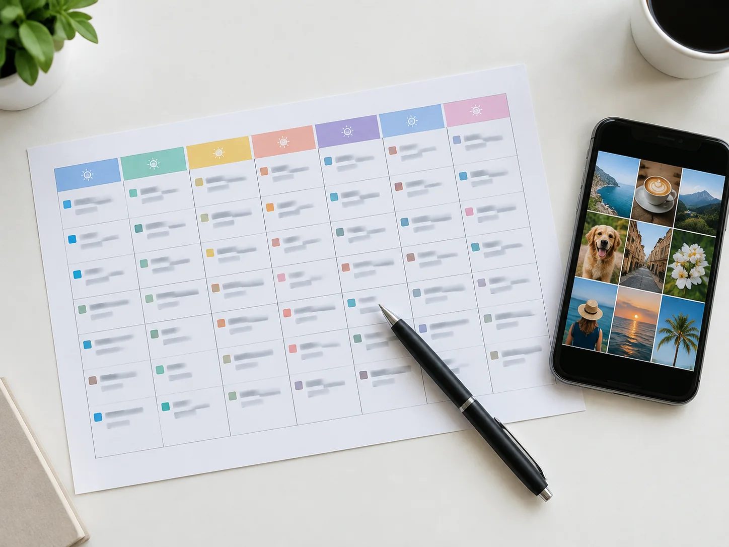 Распечатанный контент-план на неделю: таблица с колонками по дням, короткие темы в строках, ручка и телефон с сеткой фото